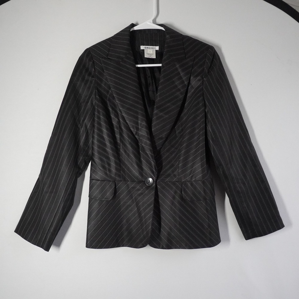 Georges Rech Paris Women Black Wool Pinstripe Tailored Blazer Jacket Size 40 FR
